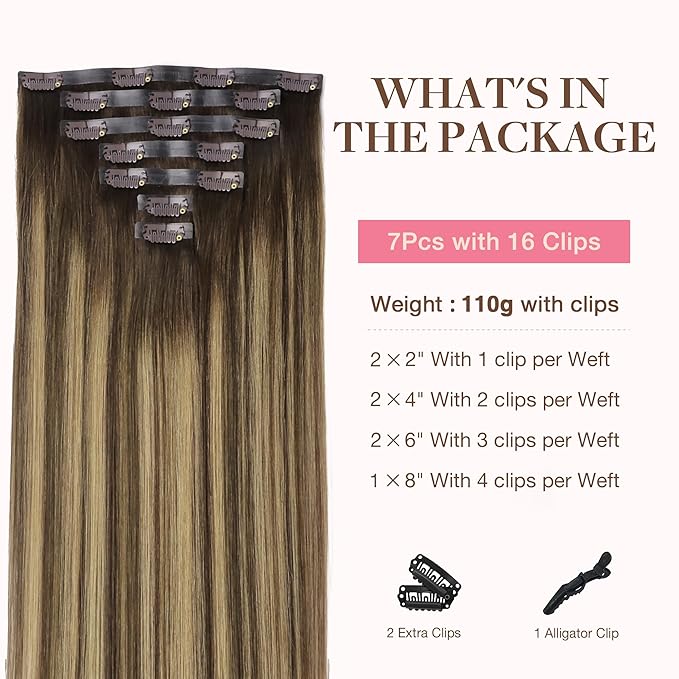 GOO GOO Clip in Hair Extensions Real Human Hair, Remy Human Hair Extensions Clip ins for Women, Natural Human Hair, 20inch 110g 7Pcs, 4/27/4 Balayage Chocolate Brown to Caramel Blonde