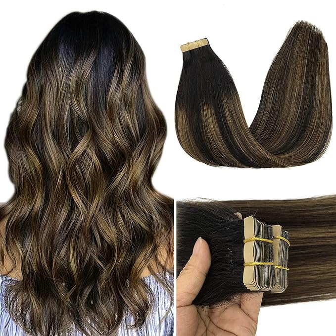 GOO GOO Tape in Hair Extensions Human Hair, 1B/6/1B Balayage Natural Black to Chestnut Brown, 24inch 50g 20pcs, Skin Weft Seamless Invisible, Silky Straight with Thick Ends, Remy Human Hair