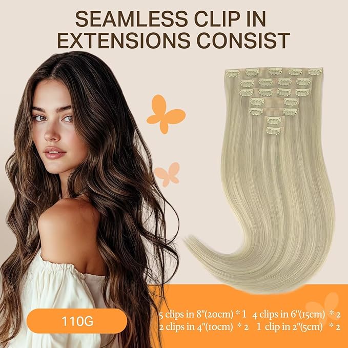 DOORES Human Hair Extensions, Ash Blonde Highlighted Platinum Blonde 110g 7pcs 22 Inch, Seamless Clip in Hair Extensions Straight Remy Clip ins with Invisi Edge