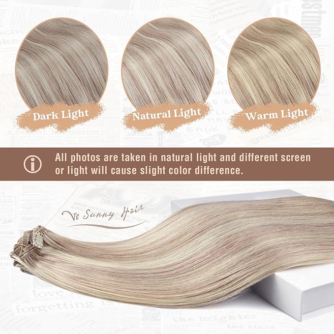 Ve Sunny Clip in Hair Extensions Real Human Hair Ash Blonde Highlight Bleach Blonde Human Remy Hair Extensions Clip ins Short Hair Thick 12inch 80g 5pcs