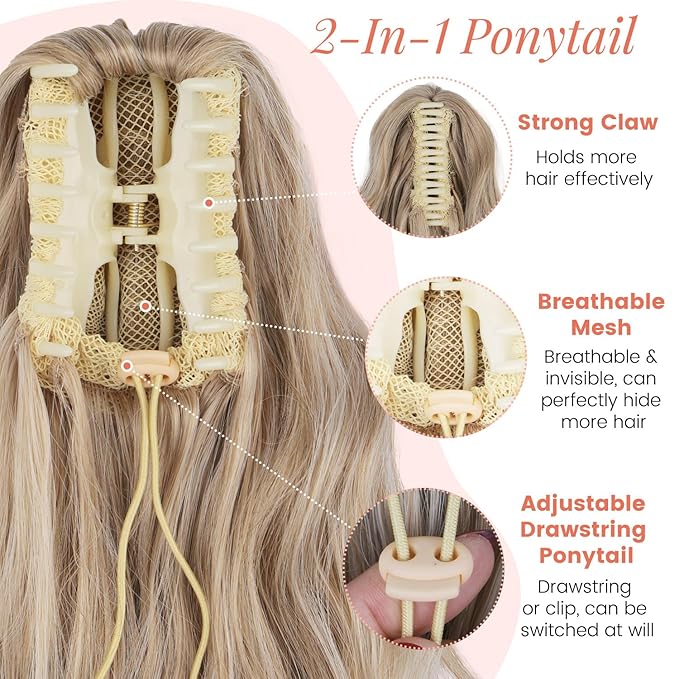 Claw Wavy Ponytail Extension 18" for Women Curly Pony Tail Clip in Hair Extensions Shoulder Length Fluffy Natural Looking Synthetic Hairpiece for Daily Use (Blonde to Light Blonde)