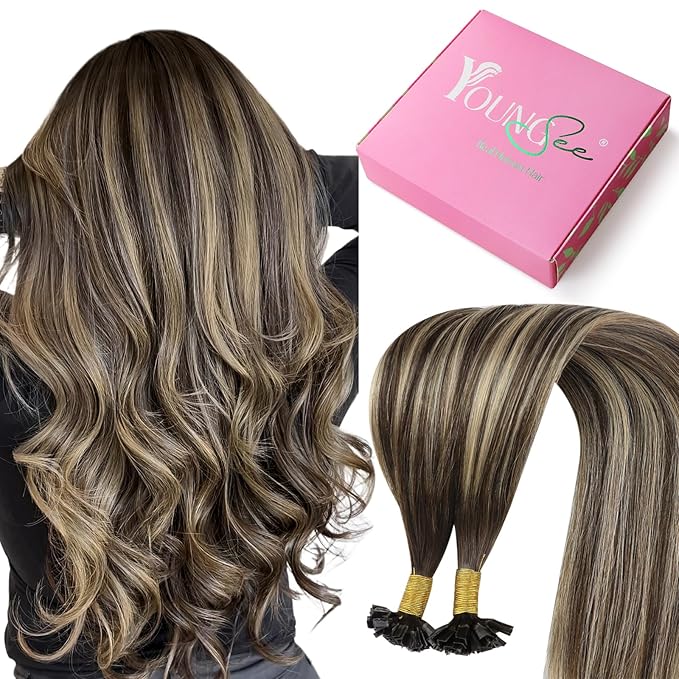 YoungSee Ombre Ktip Hair Extensions Balayage Brown Ombre Blonde K Tip Extensions Ombre 18In 50s/50g Silky Straight