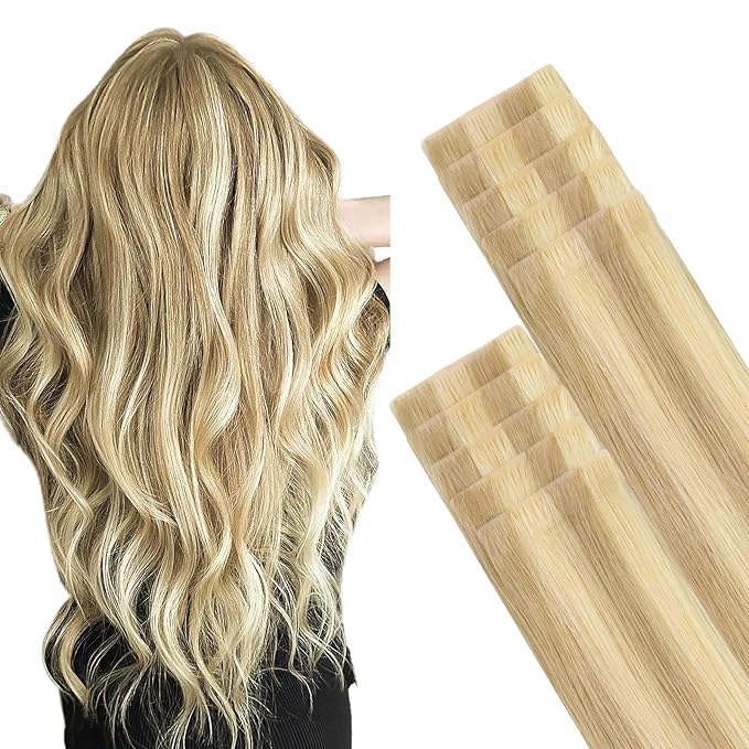 GOO GOO Invisi Edge Tape in Hair Extensions Human Hair, 18D/22F Dirty Blonde Highlights, 10pcs 24inch 30g, Virgin Remy Hair, Seamless Injected Tape, Natural Look