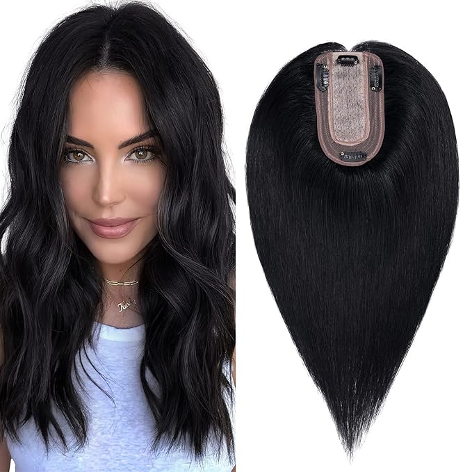 SEGO Hair Topper for Women, No Bangs Real Human Hair Topper with Anti-Slip Clips (10 Inches #1 Jet Black)