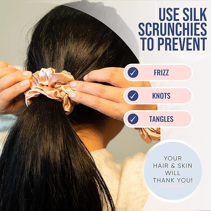Blissy Silk Scrunchies (3 Pack) - 100% Pure Mulberry Silk - 22 Momme 6A High-Grade Fibers Scrunchie for Straight & Curly Hair - Preventing Breakage, Tangling, & Creasing (Rose Skinny)