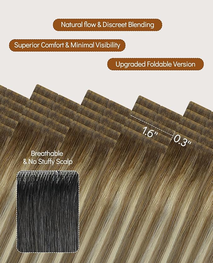VINBAO Invisi Edge Tape in Human Hair Extensions Balayage Darker Brown Fading to Ash Brown Highlights Blonde 60g 20pcs Injection Tape in Hair Extensions 22inch #3/8/22