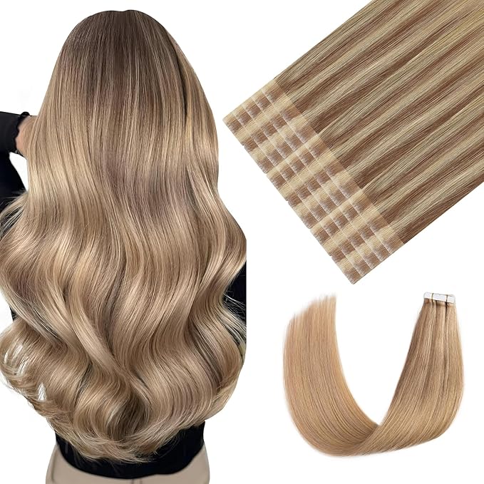 Youngsmile Injection Tape in Hair Extensions Human Hair Balayage #10/27/27 Golden Brown to Caramel Blonde 20pcs 30g 14 Inch Injected Tape in Hair Extensions Seamless Remy Human Hair (#10/27/27,14'')