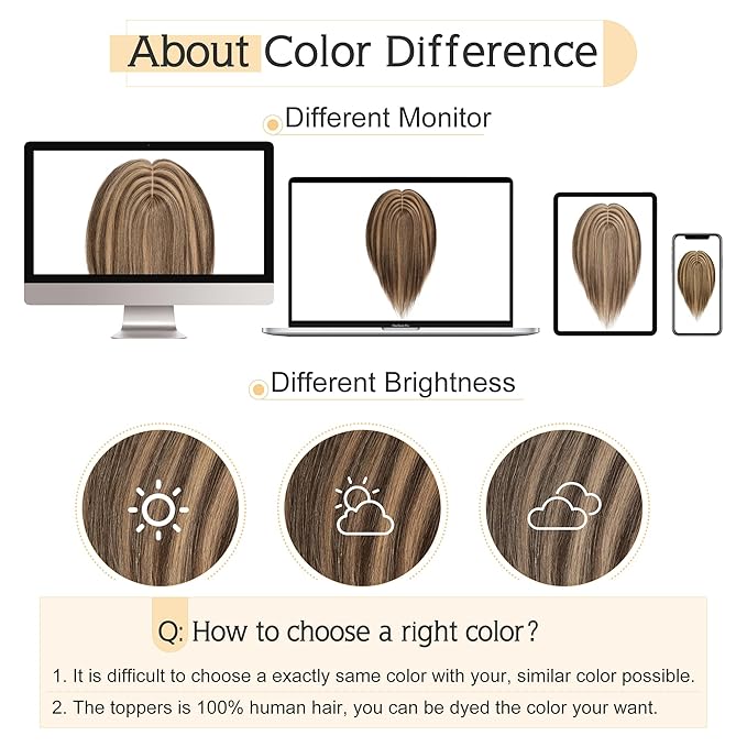 SEGO Human Hair Toppers for Women With Thinning Hair, 7 * 13CM Silk Base 100% Real Human Hair Clip in Top Wiglet Hairpieces //12 Inch No Bangs Medium Brown&Dark Blonde