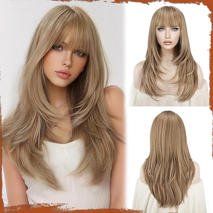 SOFEIYAN Long Straight Layered Wig with Bangs 24 Inch Synthetic Natural Hair Wig Soft Heat Resistant Long Wigs for Women Daily Party Use