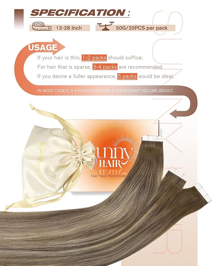 Sunny Hair Tape in Hair Extensions Real Human Hair Invisible Remy Hair Extensions Tape ins for Women Cool Brown to Light Brown Highlight Medium Blonde Balayage 20 inch 20Pcs 50G