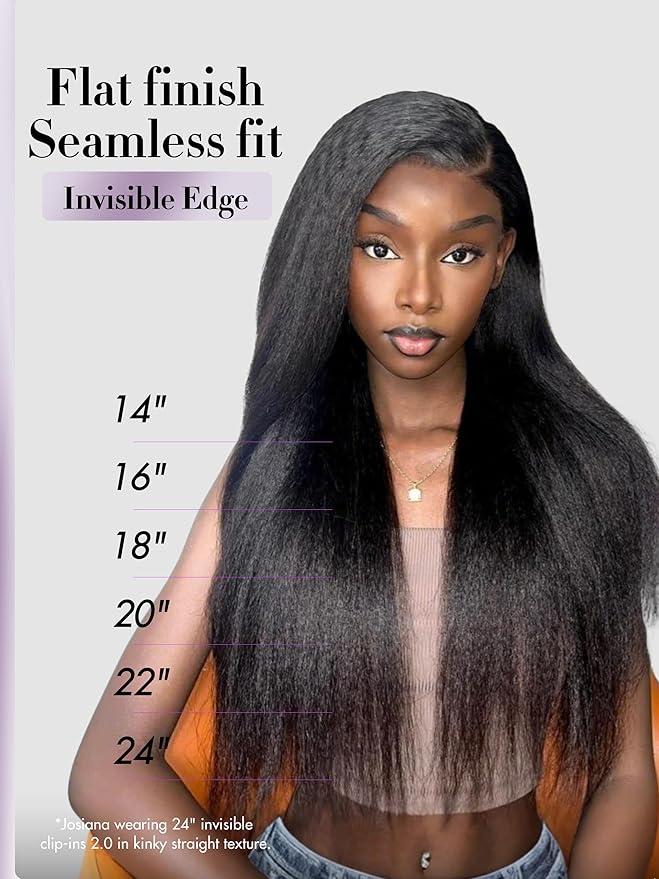 LUVME Invisible Clip in Hair Extensions, Kinky Straight Real Human Hair 16 Inch 2 Pack 220g 14pcs Clip ins Hair Extensions Natural Black for Women