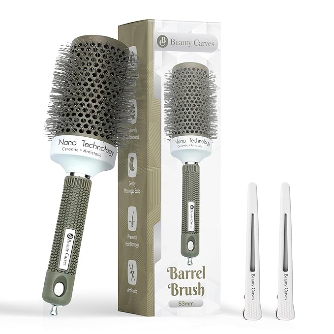 Round Brush for Blow Drying, 53mm / 2.1 Inch Large Barrel with 2 Clips – Nano Ionic Thermal Ceramic Round Hair Brush for Volume, Big Curls & Smooth Styling Heat Resistant Nylon Bristles