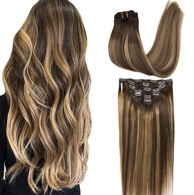 GOO GOO Clip in Hair Extensions Real Human Hair, Remy Human Hair Extensions Clip ins for Women, Natural Human Hair, 20inch 120g 7Pcs, 4/27/4 Balayage Chocolate Brown to Caramel Blonde