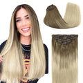 GOO GOO Clip in Hair Extensions Real Human Hair, Remy Human Hair Extensions Clip ins for Women, Natural Human Hair, 18inch 120g 7Pcs, 9/60 Balayage Ash Brown to Platinum Blonde