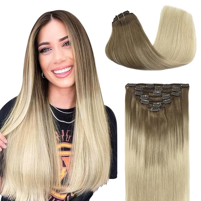 GOO GOO Clip in Hair Extensions Real Human Hair, Remy Human Hair Extensions Clip ins for Women, Natural Human Hair, 14inch 120g 7Pcs, 9/60 Balayage Ash Brown to Platinum Blonde