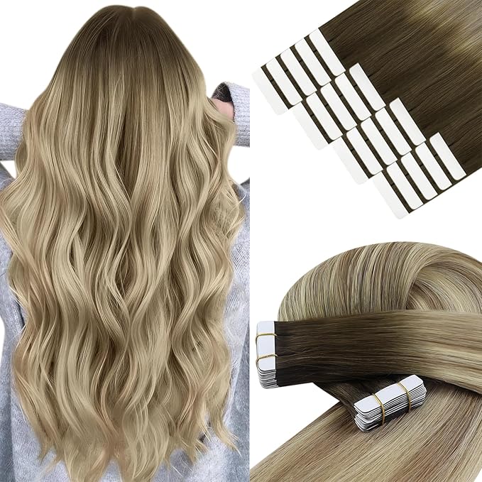 YoungSee Tape in Extensions Human Hair Balayage Brown Tape in Hair Extension Real Human Hair Brown Ombre Blonde Tape-in Human Hair Extension 14In Seamless Tape-in Hair Extension Human Hair 20pcs 50g