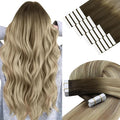 YoungSee Tape in Hair Extensions Real Human Hair Brown Balayage Tape in Hair Extensions Ombre Dark Brown to Medium Brown with Blonde Hair Extension Tape-in Real Human Hair for Women 18 Inch 20pcs 50g