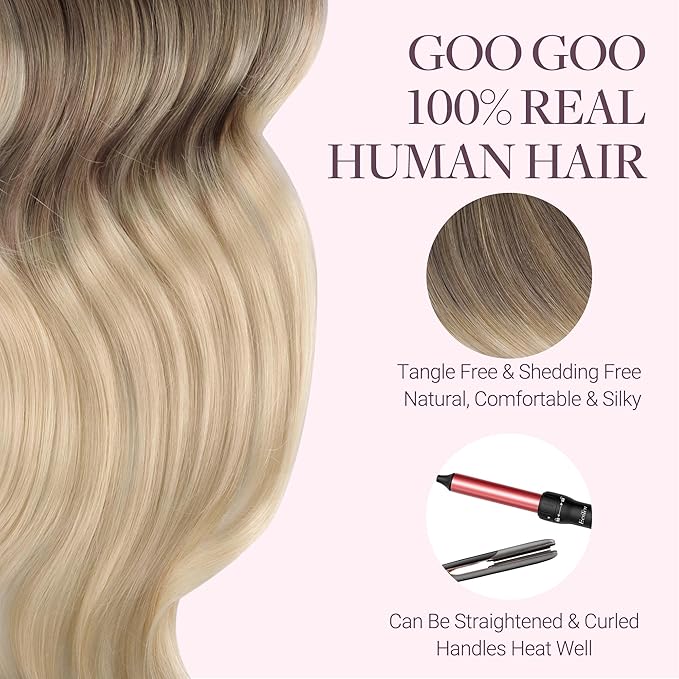 GOO GOO Tape in Hair Extensions Human Hair, 9/18J/60 Chocolate Brown to Champagne Blonde Balayage, 16inch 50g 20pcs, Skin Weft Seamless Invisible, Silky Straight with Thick Ends, Remy Human Hair