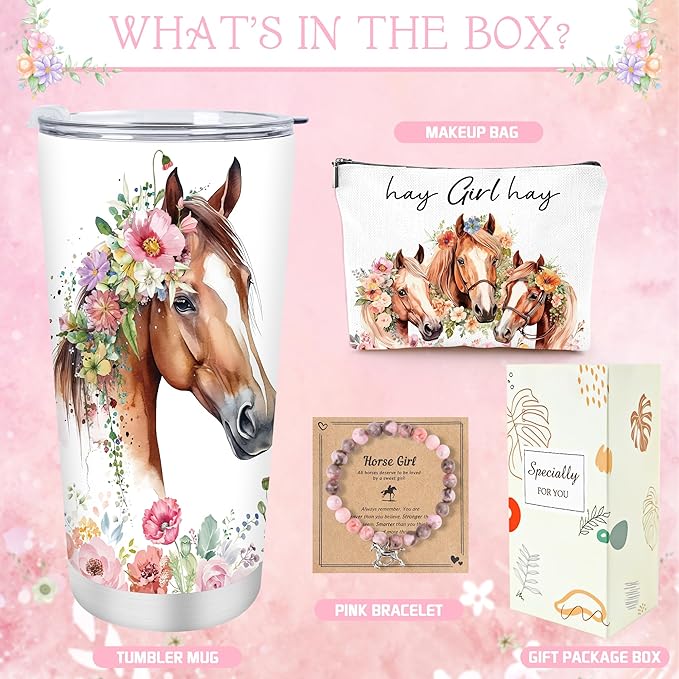 Keluna Horse Gifts for Women - Horse Lover Must Haves Essentials Gifts for Girls Women Female Friends Coworker Christmas Birthday Appreciation Mother's Day Tumbler Makeup Bag Bracelet