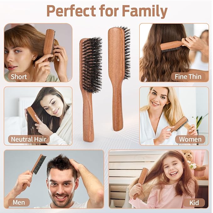 BRUSHZOO Hair Brush, Boar Bristle Hair Brush for Women Men Short Thin Fine Hair, Beech Handle Hairbrush for Styling Smoothing