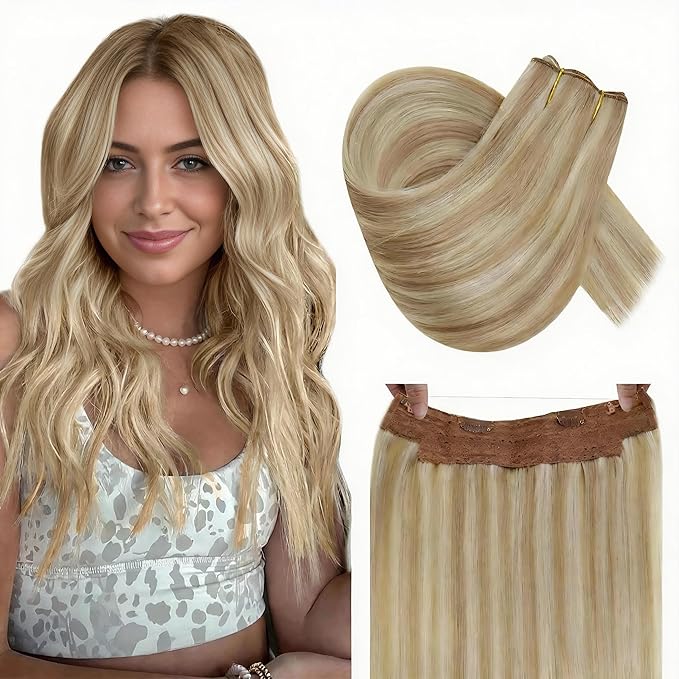 RUNATURE Invisible Wire Hair Extensions Real Human Hair, Blonde Hair Extensions with Transparent Fish Wire, Natural Looking Remy Hair for Women, 20 Inch 100g #18P613 Sandy Blonde HIghlights