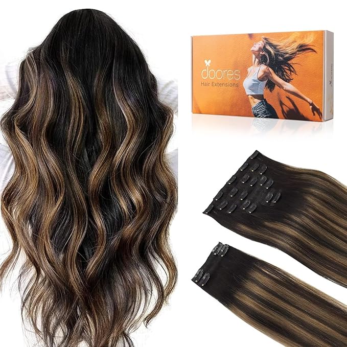 DOORES Real Human Hair Extensions, Balayage Natural Black to Chestnut Brown 18 Inch 150g 9pcs, Clip in Straight Thick