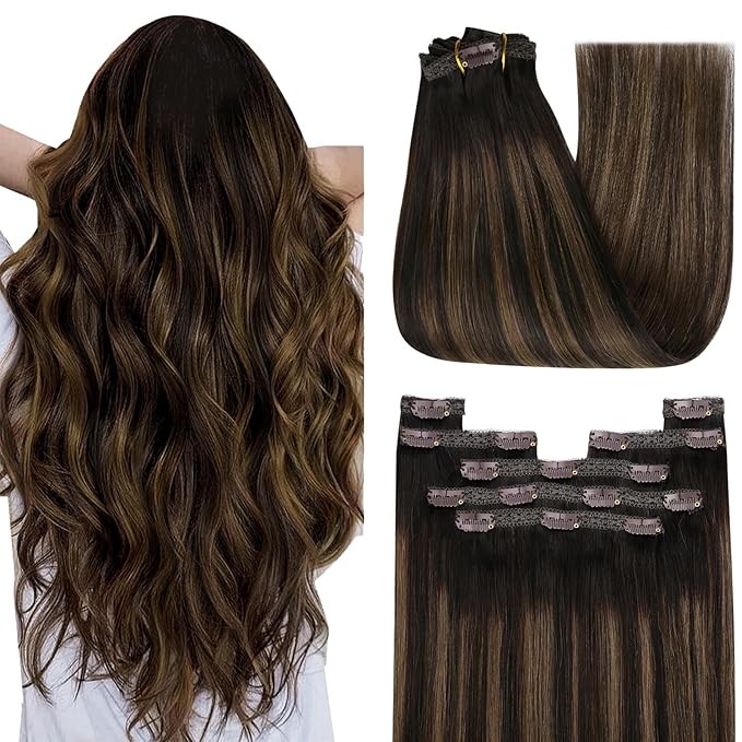 YoungSee Human Hair Clip in Extensions Balayage Human Hair Extensions Clip ins Dark Brown Mix Medium Brown Clip in Extensions Real Human Hair Soft Remy Hair 7Pcs 16In 120G