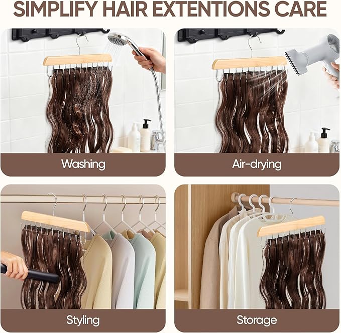 【2 Pack】 Wood Hair Extension Holder for Hair Storing, Washing, Drying, Coloring, Styling, Foldable Belt Hanger, Rotating Multi-Purpose Hooks Hanger, Hanging Closet Organizer