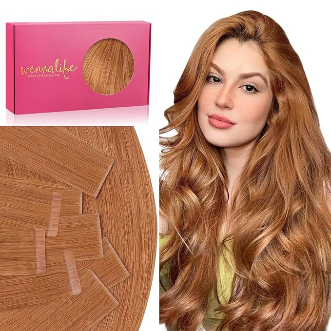 WENNALIFE Invisi Edge & Classic Tape in Hair Extensions Human Hair, 18 Inch 50g 20pcs(10pcs Invisi Edge & 10pcs Classic) Auburn Ginger Invisible Luxury Remy Hair Natural Seamless Injected Tape Ins
