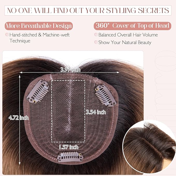 Hairro 100% Human Hair Topper No Bangs, Real Clip in Hair Hairpieces for Women, 3.94x4.72" Silk Base for Thinning Receding High Hairline, 10 Inch Natural Black to Medium Brown Middle Part