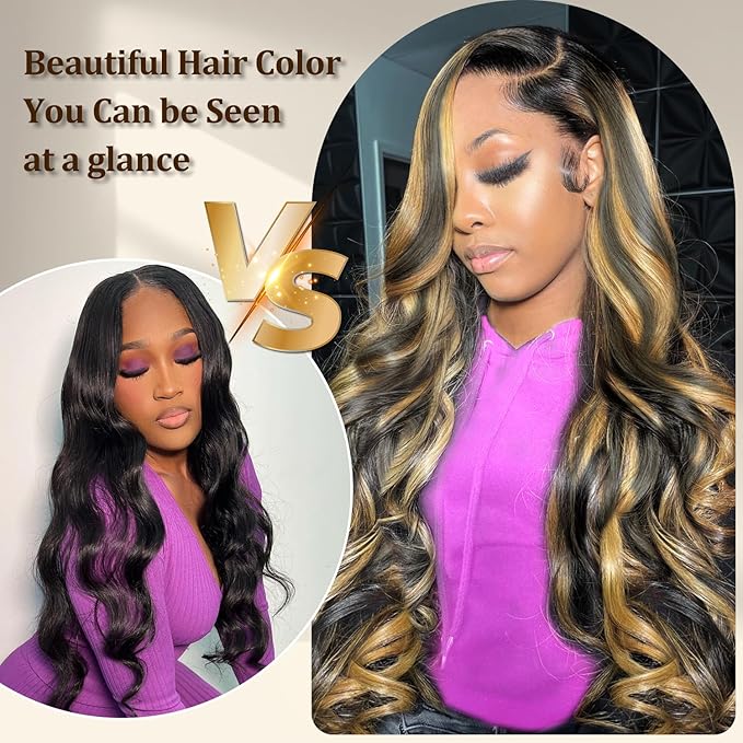 Highlight Ombre 13x6 HD Transparent Lace Front Wigs Human Hair Pre Plucked Body Wave Wigs for Women 200% Density 13x6 Frontal Wigs Human Hair Bleached Knots with 1b/27 Color Baby Hair 34inch