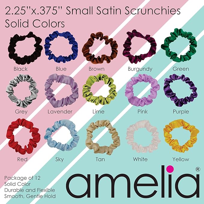 Amelia Beauty, Red, White and Green Satin Small Scrunchies, 12-Pack – No Damage Hair Ties for Women, Gentle & Durable Hair Accessories, 2.5in x 0.5in