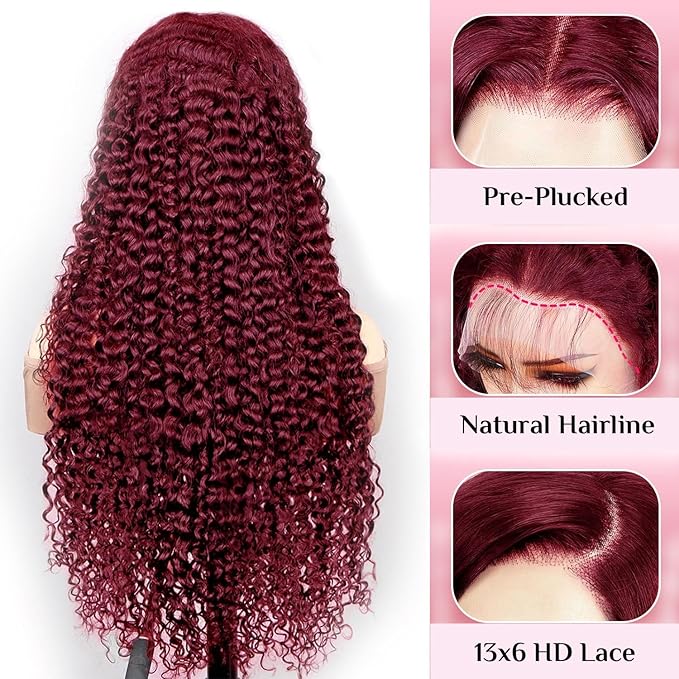 BVLBVL 40 Inch 99j 13x6 HD Lace Front Wigs Human Hair 250% Density Deep Wave Lace Front Wigs Pre Plucked Burgundy Wig Human Hair Wet And Wavy No Tangle No Shedding Triple Lifespan 3x