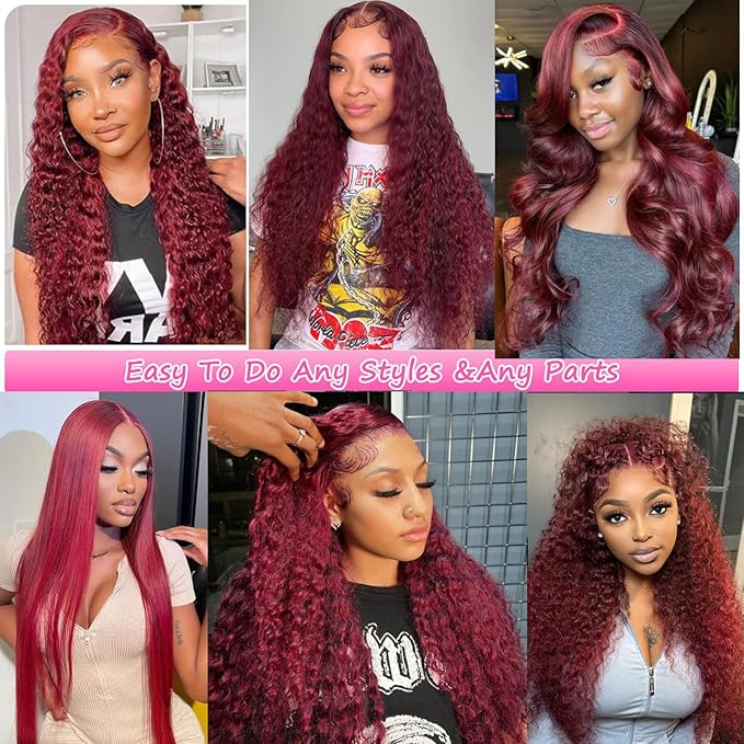 BVLBVL 20 Inch 99j 13x6 HD Lace Front Wigs Human Hair 250% Density Deep Wave Lace Front Wigs Pre Plucked Burgundy Wig Human Hair Wet And Wavy No Tangle No Shedding Triple Lifespan 3x