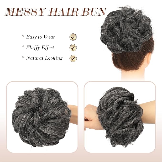 FESHFEN Messy Bun Hair Piece - Large Elastic Wavy Curly Hair Bun Scrunchies Ponytail Extensions Synthetic Chignon Hairpieces for Women, Dark Salt and Pepper 1.94oz