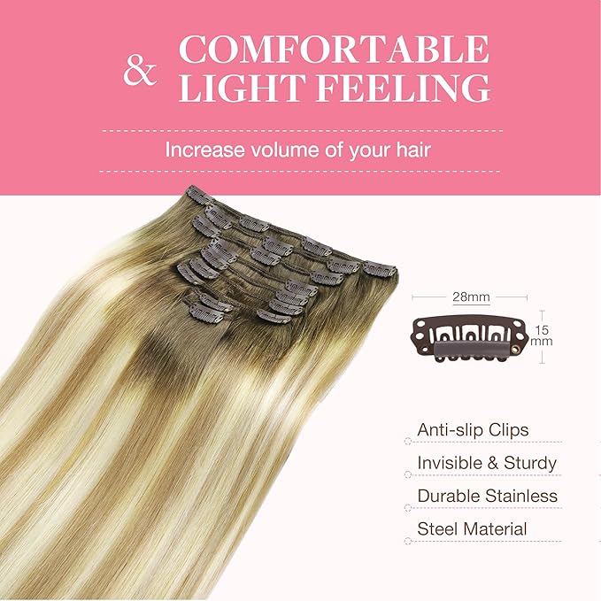 GOO GOO Clip in Hair Extensions Real Human Hair, Remy Human Hair Extensions Clip ins for Women, Natural Human Hair, 18inch 150g 9Pcs, 5A/90/16F Bahamian Balayage