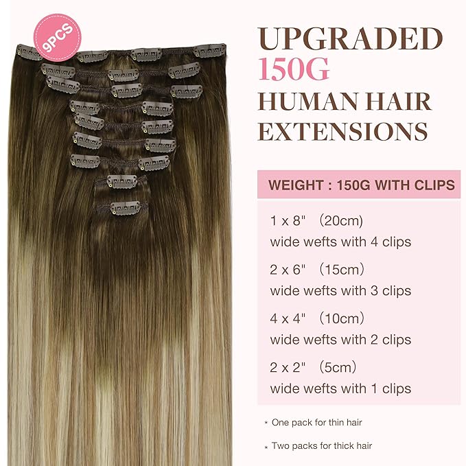 GOO GOO Clip in Hair Extensions Real Human Hair, Remy Human Hair Extensions Clip ins for Women, Natural Human Hair, 22inch 150g 9Pcs, 3/8/613 Balayage Walnut Brown to Ash Brown and Bleach Blonde