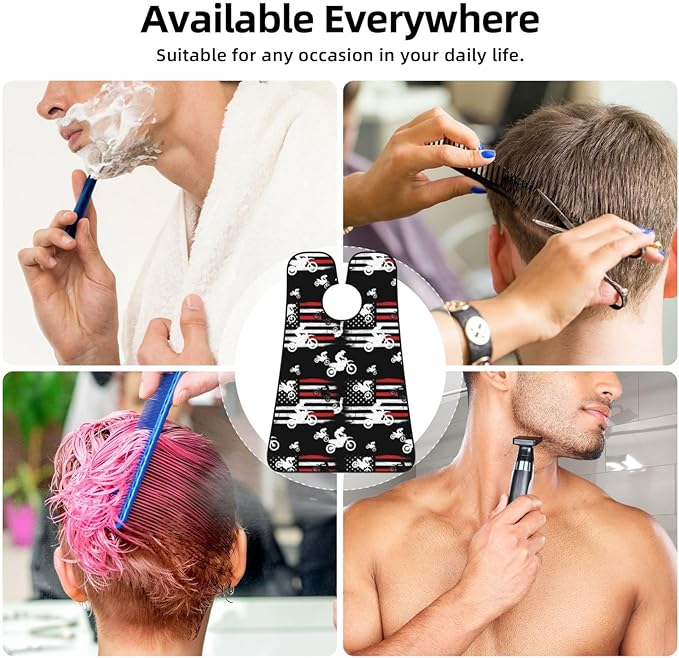 Beard Bib Apron for Men Shaving, Waterproof Non-Stick Hair Catcher with Suction Cups, Grooming Essential for Dad Husband, Motorcycle Dirt Bike Thin Red Line American Flag Black Shave Bib