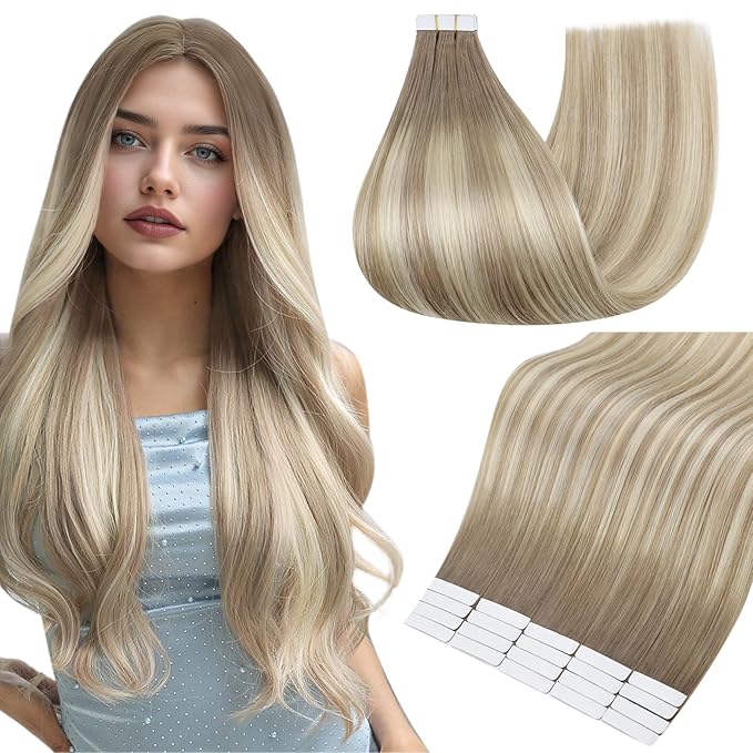 Full Shine Tape in Extensions Real Human Hair Color 19/8/60 Brown and Blonde Ombre 20PCS Invisible Double Sided Seamless Human Hair Extensions Tape in 30g 12 Inch Natural Straight Hair for Party