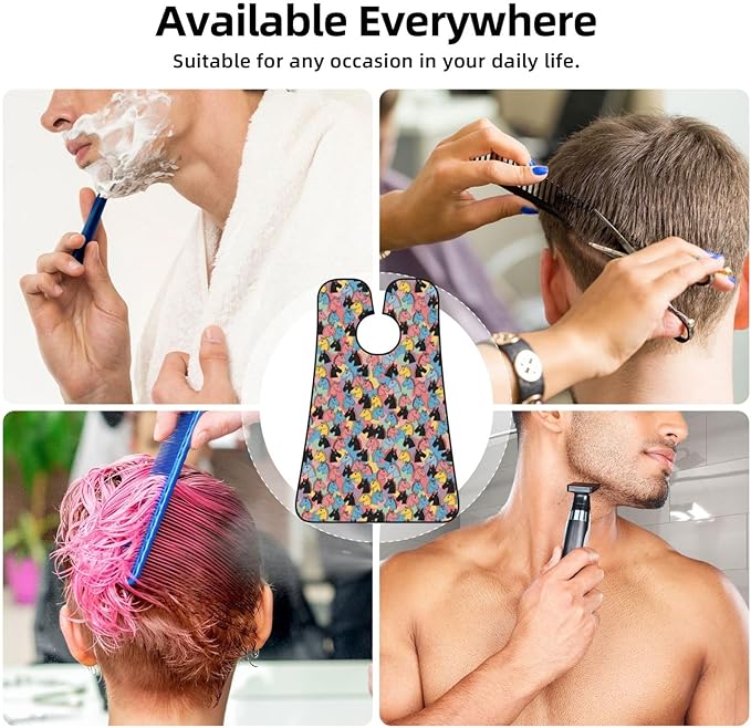 Beard Bib Apron for Men Shaving, Waterproof Non-Stick Hair Catcher with Suction Cups, Grooming Essential for Dad Husband, Colourful Cartoon Horses Shave Bib