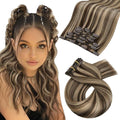 Moresoo Human Hair Extensions Clip ins Brown Highlight Real Hair Clip in Extensions Dark Brown Highlights with Caramel Blonde Double Weft Clip in Human Hair Extensions 7pcs 120g 20 Inch