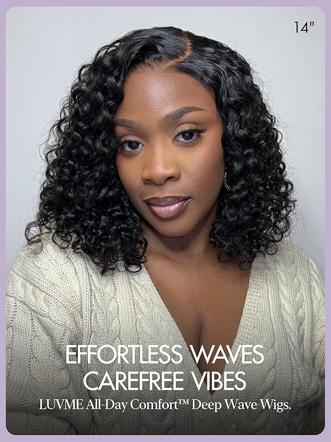 LUVME HAIR Curly Deep Wave Glueless Lace 100% Human Hair Short Wigs 14 Inches Pre Cut Plucked Hd Lace Wig Ready To Go Natural Color Bleached Knots Side Part Black Wigs 14 Inches