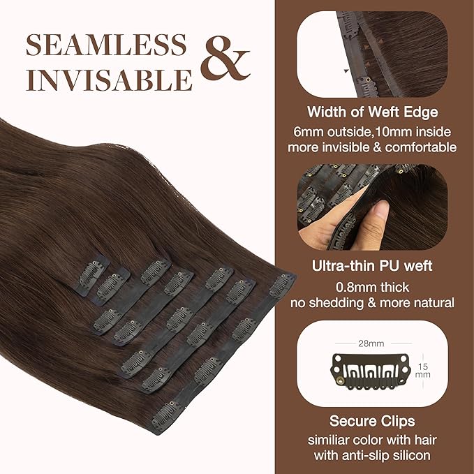 GOO GOO Clip in Hair Extensions Real Human Hair, Remy Human Hair Extensions Clip ins for Women, Natural Human Hair, 18inch 130g 7Pcs, 4A Chocolate Brown