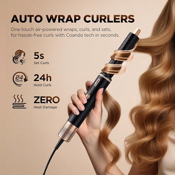 O.H.B 5 in 1 Hot Air Hair Styler, 110,000 RPM High Speed Hair Dryer Brush, Ionic Air Styler Wrap with Fast Drying, No Heat Damage Air Multi Styler for Volumize, Curl, Straighten for Travel, Black Gold