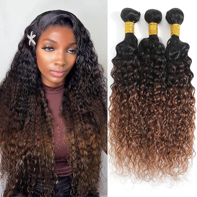 Ombre Bundles Human Hair Water Wave Chestnut Brown Ombre Water Wave Bundles T1B/2/30 Color 100% Real Human Hair Wavy Sew in Weft Weave 18 20 22 Inch