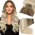 Full Shine Seamless Clip in Hair Extensions Human Hair Ombre Blonde Hair Extension Clip ins Ombre Light Brown to Platinum Blonde Hair for Women 14 Inch 8 PCS 120 Grams