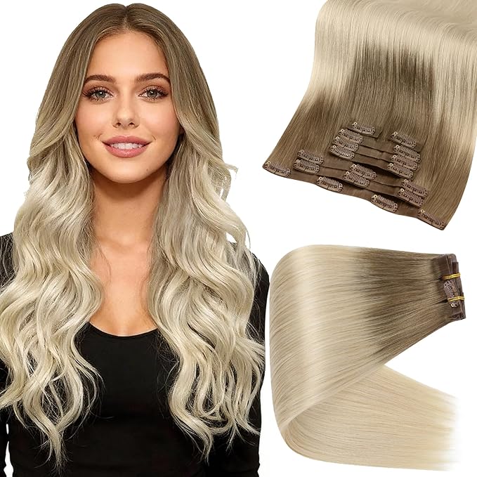 Full Shine Clip in Hair Extensions Real Human Hair Brown Ombre Invisible Hair Extensions Ombre Ash Brown to Platinum Blonde Real Hair Clip ins 20 Inch 8 PCS 120 G