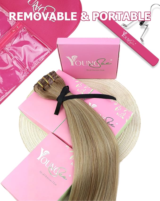 YoungSee 135g Real Hair Extensions Clip in Human Hair Light Brown Clip in Hair Extensions Balayage Clip in Extensions Real Human Hair Light Brown Mix Blonde Thick Remy Hair 16 inch 7pcs