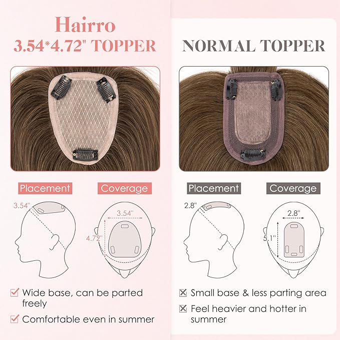 Hairro Human Hair Toppers with Wispy Bangs, 3.5x4.7" Hand-wovened Base for Women with Thinning Hair, Lightweight & Breathable Realistic Scalp, Clip-in Hairpieces for Easy Wear, 9 Inch Cocoa Brown