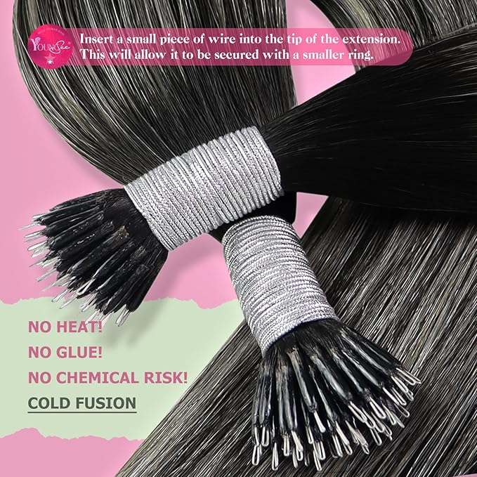 YoungSee Nano Extensions Human Hair Silver Nanobeads Hair Extensions Human Hair Ombre Black to Silver Nano-Rings Hair Extension Balayager Black Cold Fusion 1g/s 50g 22inch